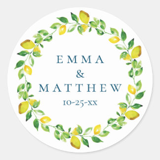 Watercolor Lemon Mediterranean Wedding Logo Classic Round Sticker