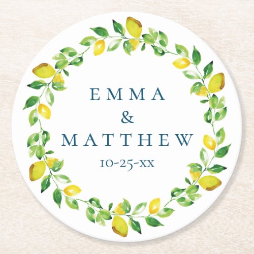 Watercolor Lemon Mediterranean Wedding Logo Round Paper Coaster