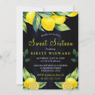 Watercolor Lemon Navy Blue Wood Sweet 16 Invitation