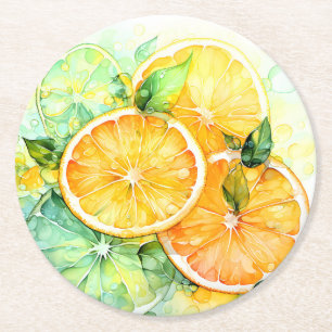 Watercolor Lemon Orange Lime Botanical Kitchen Round Paper Coaster