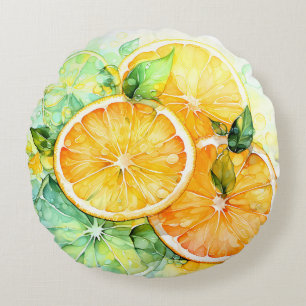 Watercolor Lemon Orange Lime Botanical Kitchen Round Pillow