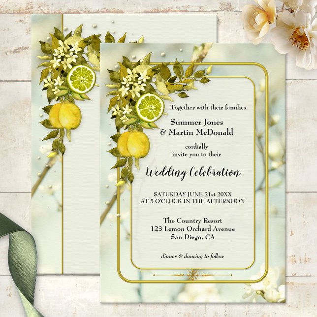 Watercolor Lemon Orchard Wedding Invitation (Watercolor wedding invitation featuring lemon and citrus fruits on green leaves with flowers)