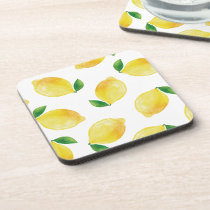 Watercolor Lemon Pattern Beverage Coaster