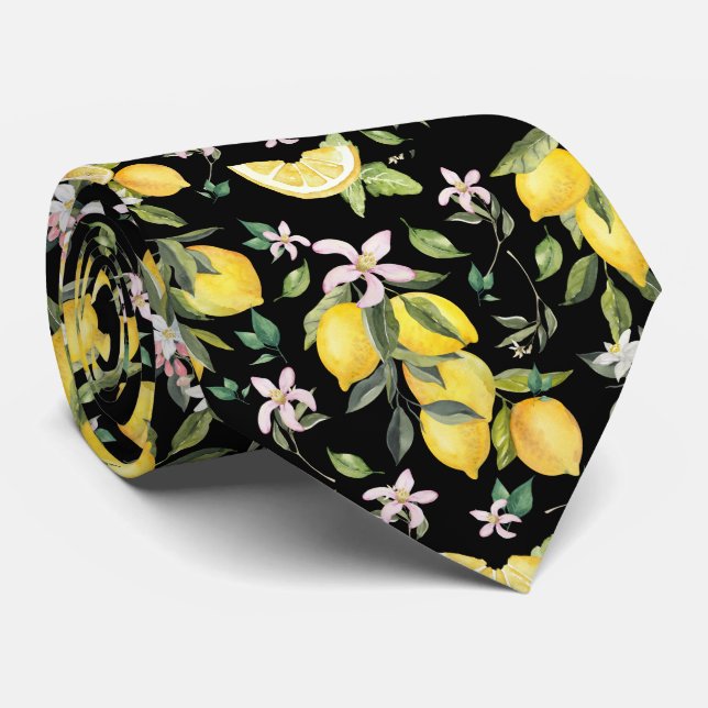 Watercolor Lemon Pattern Black Fruit Neck Tie (Rolled)