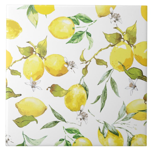 Watercolor Lemon Pattern Ceramic Tile (Front)