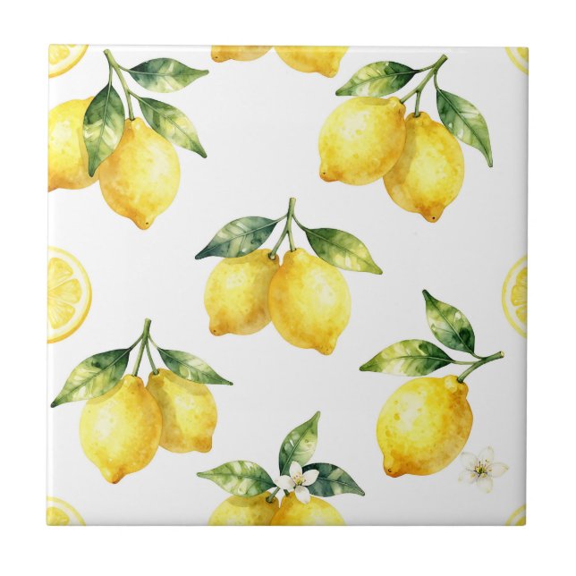 Watercolor Lemon Pattern Ceramic Tile (Front)