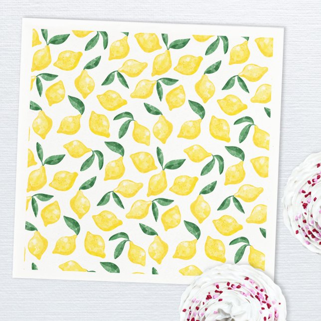 Watercolor Lemon Pattern Citrus Napkins (Green yellow and white watercolor lemon pattern paper napkin)