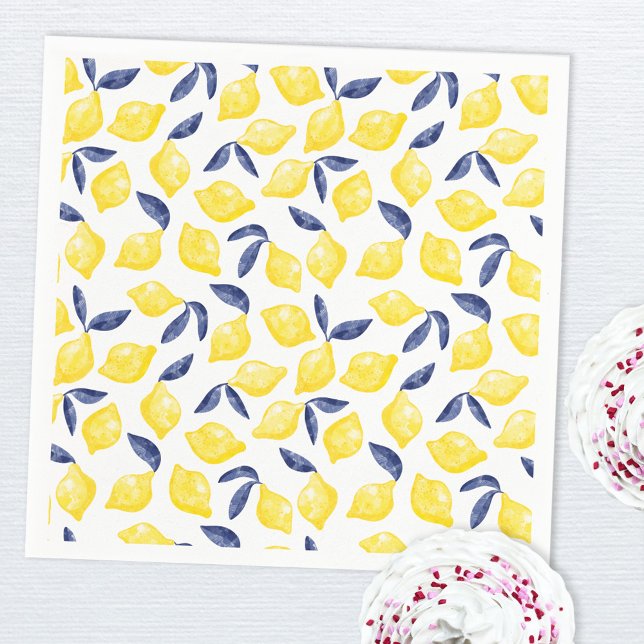Watercolor Lemon Pattern Citrus Napkins (Blue yellow and white watercolor lemon pattern paper napkin)