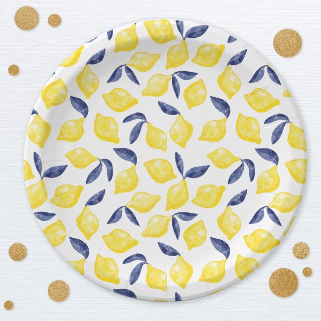 Watercolor Lemon Pattern Citrus Paper Plates (Citrus lemon mediterranean watercolor pattern party paper plates)
