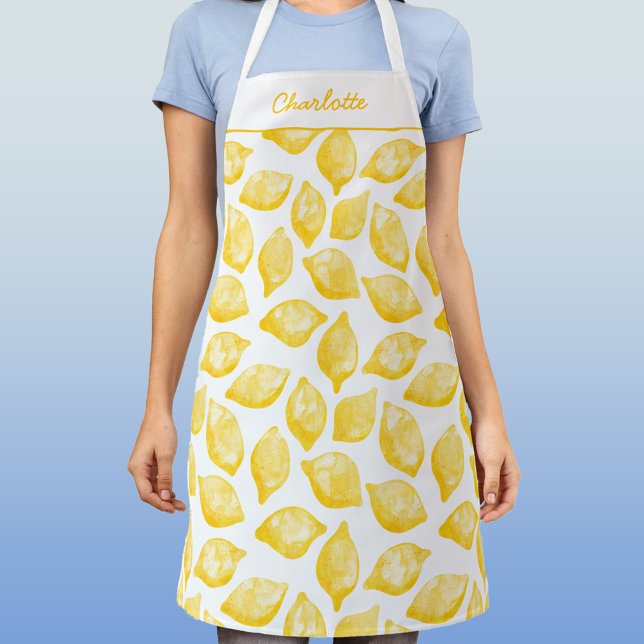 Watercolor Lemon Pattern Citrus Personalized Apron (Watercolor lemon personalized apron)