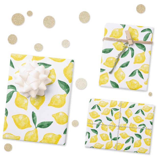 Watercolor Lemon Pattern Citrus Wrapping Paper Sheets (Fresh lemon watercolor pattern gift wrap sheets)