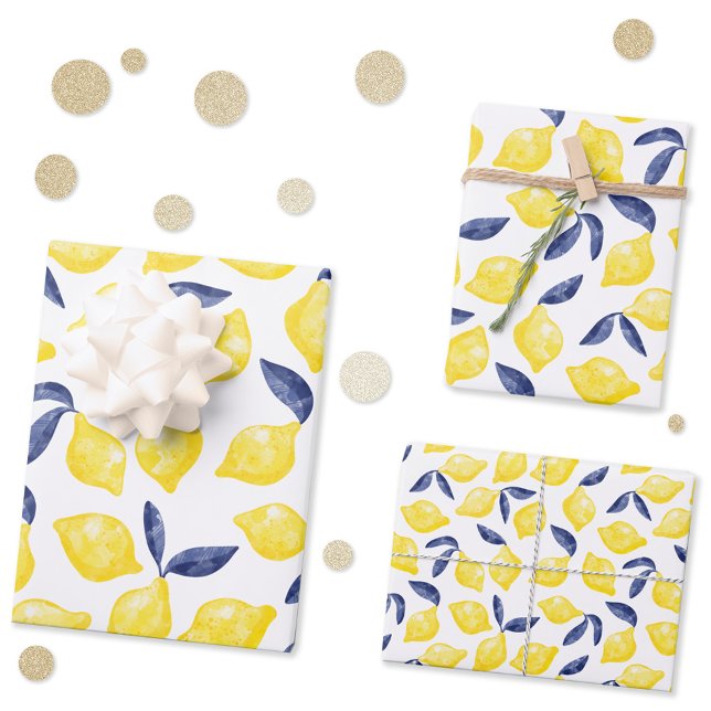 Watercolor Lemon Pattern Citrus Wrapping Paper Sheets (Fresh watercolor citrus lemon yellow white and blue pattern gift wrap paper sheets in 3 scales)