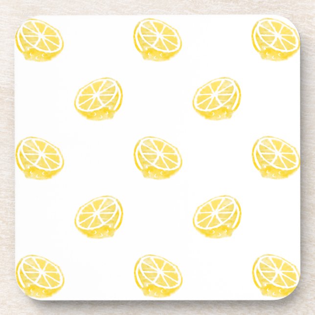Watercolor Lemon Pattern Drink Coaster (Front)