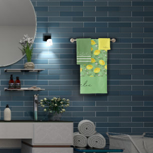 Watercolor lemon pattern green name bath towel set