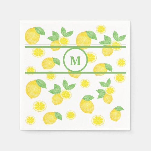 Watercolor lemon pattern monogram personalized napkins