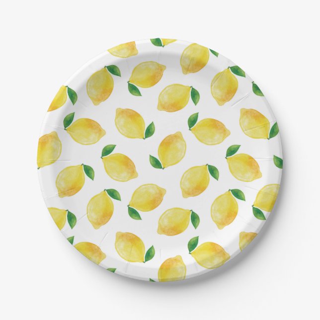 Watercolor Lemon Pattern Paper Plates (Front)