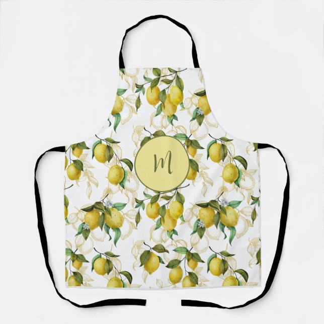 Watercolor Lemon Pattern Personalized Initial  Apron (Front)