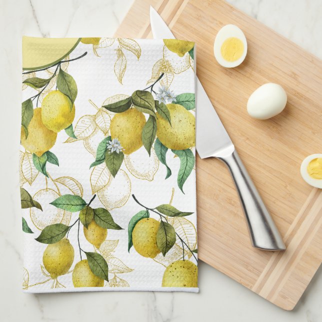 Watercolor Lemon Pattern Personalized Initial  Kitchen Towel (Quarter Fold)