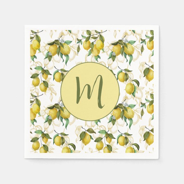 Watercolor Lemon Pattern Personalized Initial  Napkins (Front)