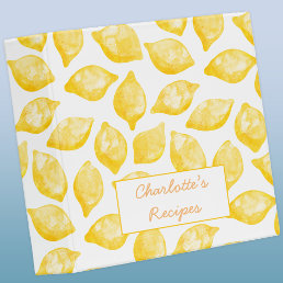Watercolor Lemon Pattern Personalized Recipe 3 Ring Binder