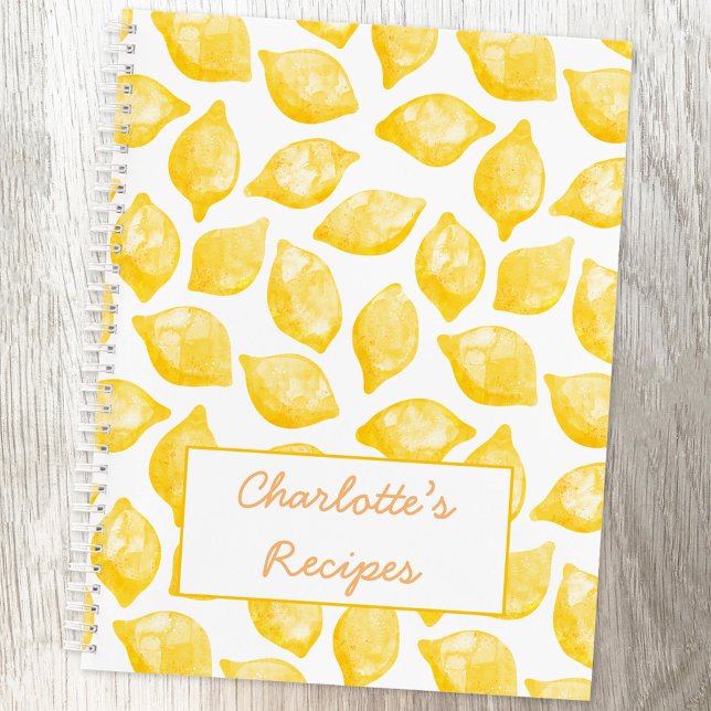 Watercolor Lemon Pattern Personalized Recipe Notebook (Watercolor lemon pattern personalized name recipe book)
