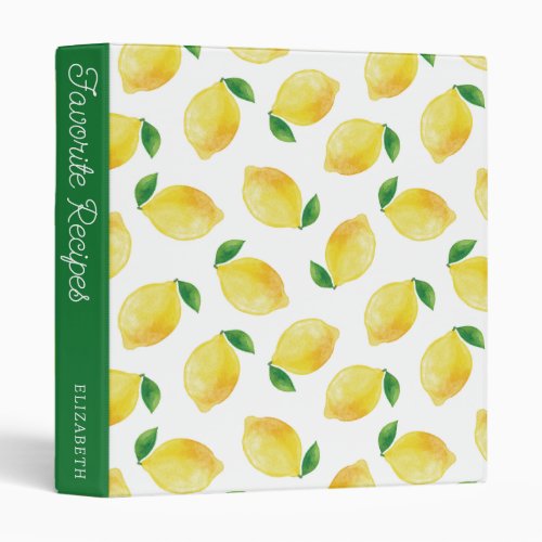 Watercolor Lemon Pattern  Recipe Book 3 Ring Binder