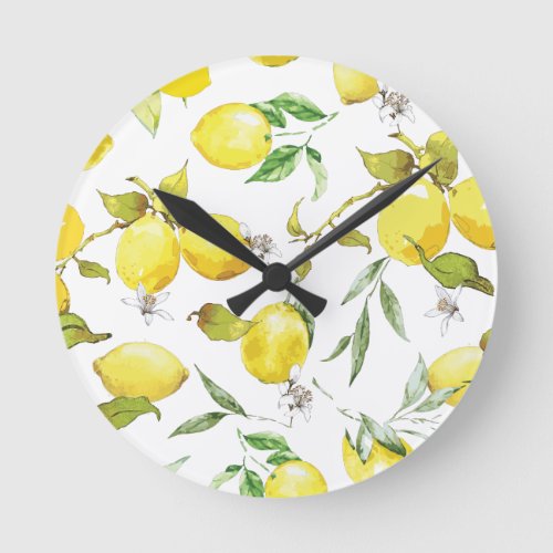 Watercolor Lemon Pattern Round Clock