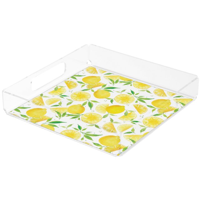 Watercolor lemon pattern serving tray (Angled)