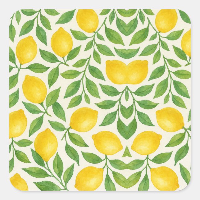Watercolor Lemon Pattern Square Sticker (Front)