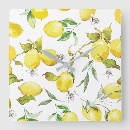 Watercolor Lemon Pattern Square Wall Clock