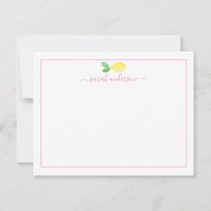 Watercolor Lemon Pink Border Personalized Note Card