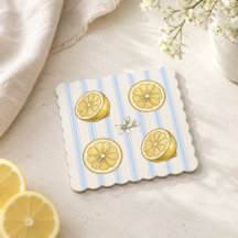 Watercolor Lemon Slice Blue Stripe Coaster