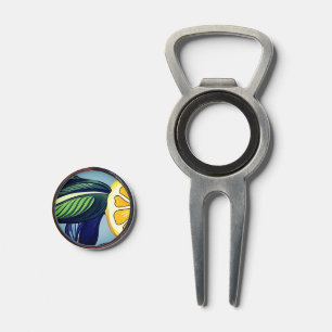 Watercolor Lemon Slice Divot Tool with Bottle Open