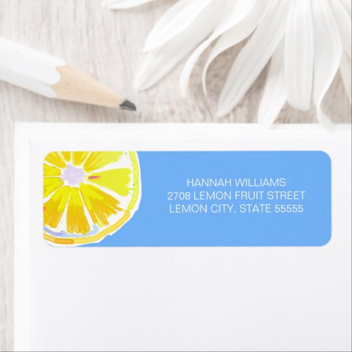 Watercolor Lemon Slices Blue Background Label