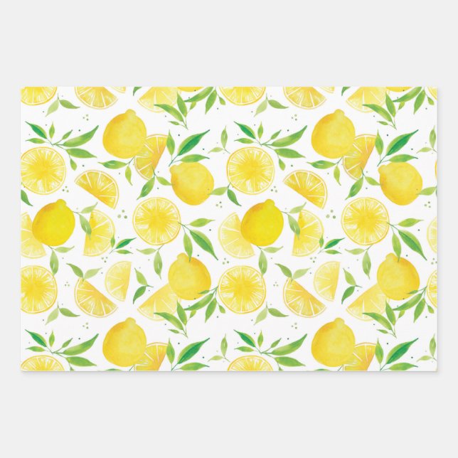 Watercolor Lemon Summer Shower Wrapping Paper Sheets (Front)
