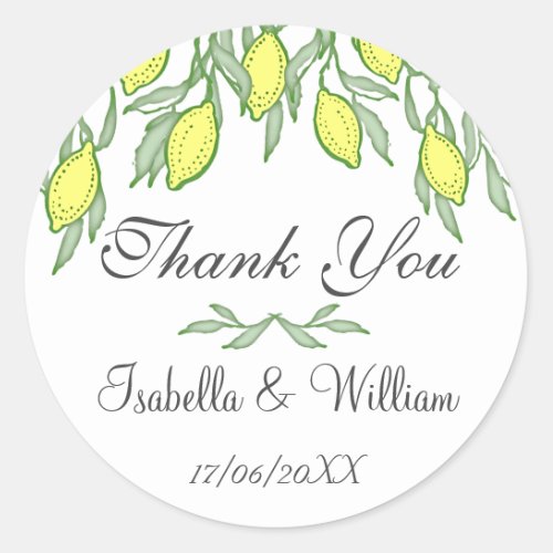Watercolor Lemon Summer Wedding Thank You Classic Round Sticker