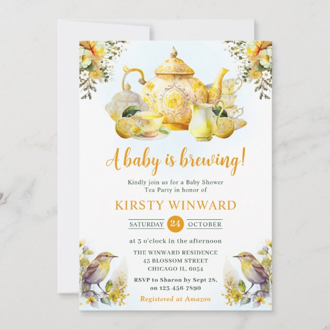 Watercolor Lemon Tea Party Baby Shower Invitation (Front)