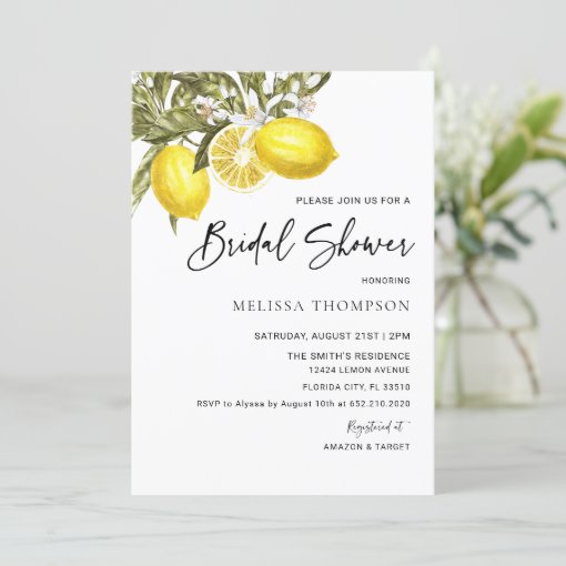 Watercolor Lemon Theme Bridal Shower Invitation | Zazzle