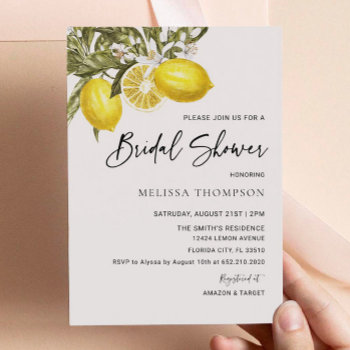 Watercolor Lemon Theme Bridal Shower Invitation by SweetRainDesign at Zazzle