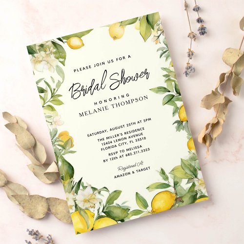 Watercolor Lemon Theme Bridal Shower Invitation