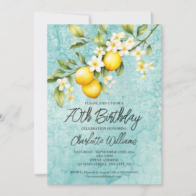 Watercolor Lemon Themed 70th Birthday Invitation (Front)