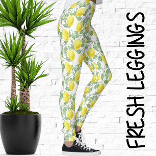 Watercolor Lemon Tree and Leaves Lemons Pattern Leggings