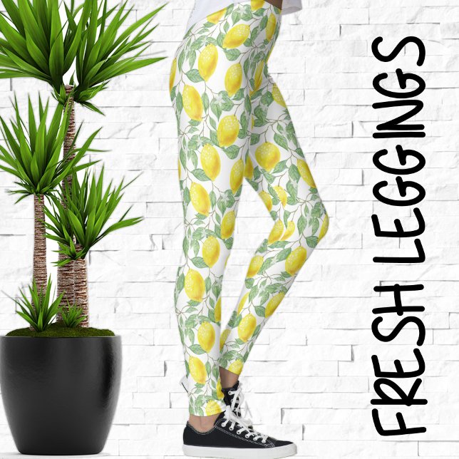 Watercolor Lemon Tree and Leaves Lemons Pattern Leggings (Fresh Watercolor Lemon Tree Leggings)