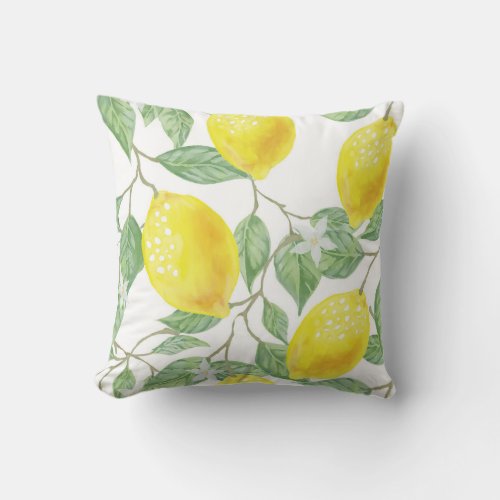 Watercolor Lemon Tree And Leaves Pattern Throw Pillow