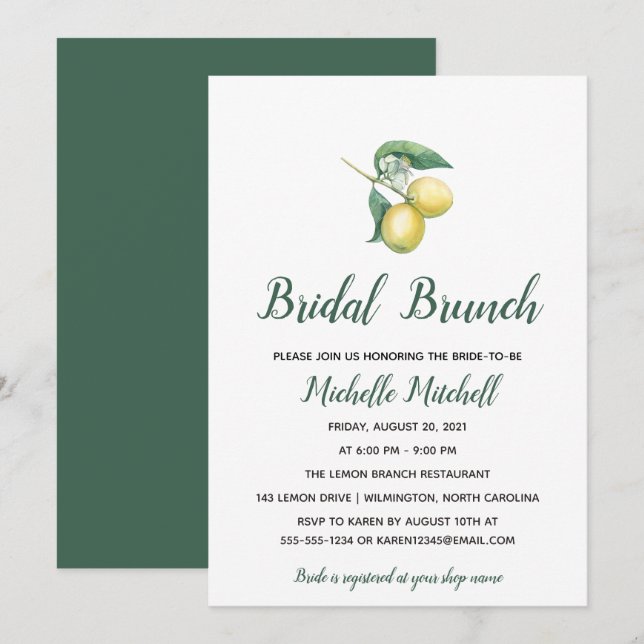 Watercolor Lemon Tree Branch | Bridal Brunch Invitation (Front/Back)