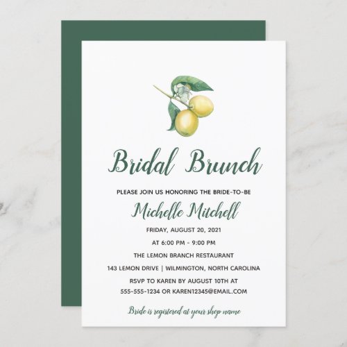 Watercolor Lemon Tree Branch  Bridal Brunch Invitation