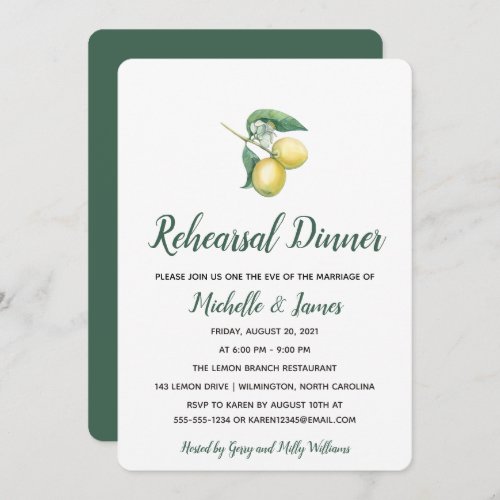 Watercolor Lemon Tree Branch  Rehearsal Dinner Invitation