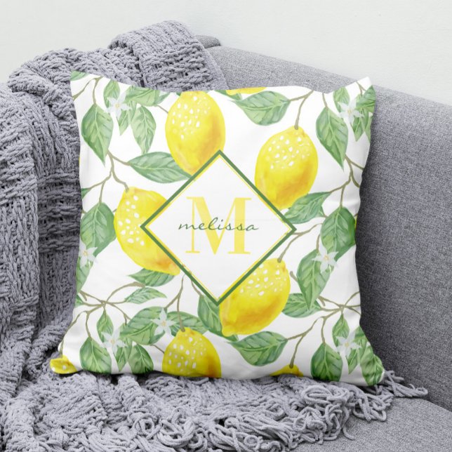 Watercolor Lemon Tree Pattern Name and Monogram Throw Pillow (Add a touch of ZEST to any room with our modern Lemons Pattern and Monogram Throw Pillow! )