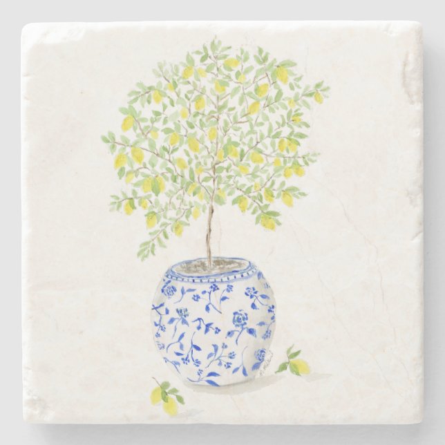 Watercolor Lemon Tree Stone Coaster (Front)