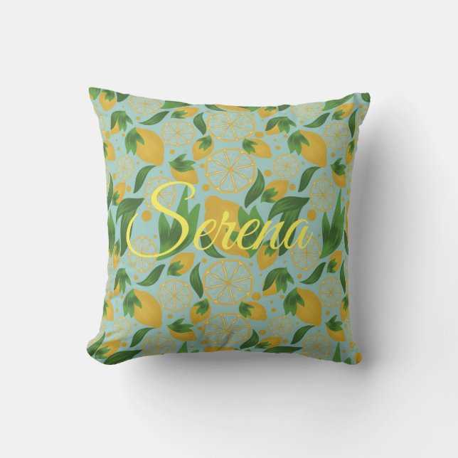 Watercolor Lemon Turquoise Fruit Personalized Throw Pillow (Front)